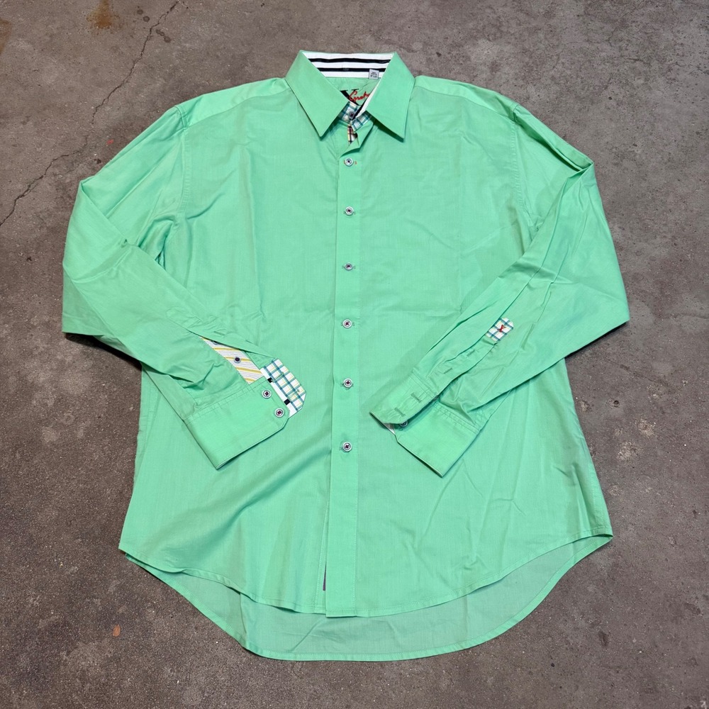 Robert Graham Button Down Shirt Mens XL Green Contrast Cuffs Long Sleeve